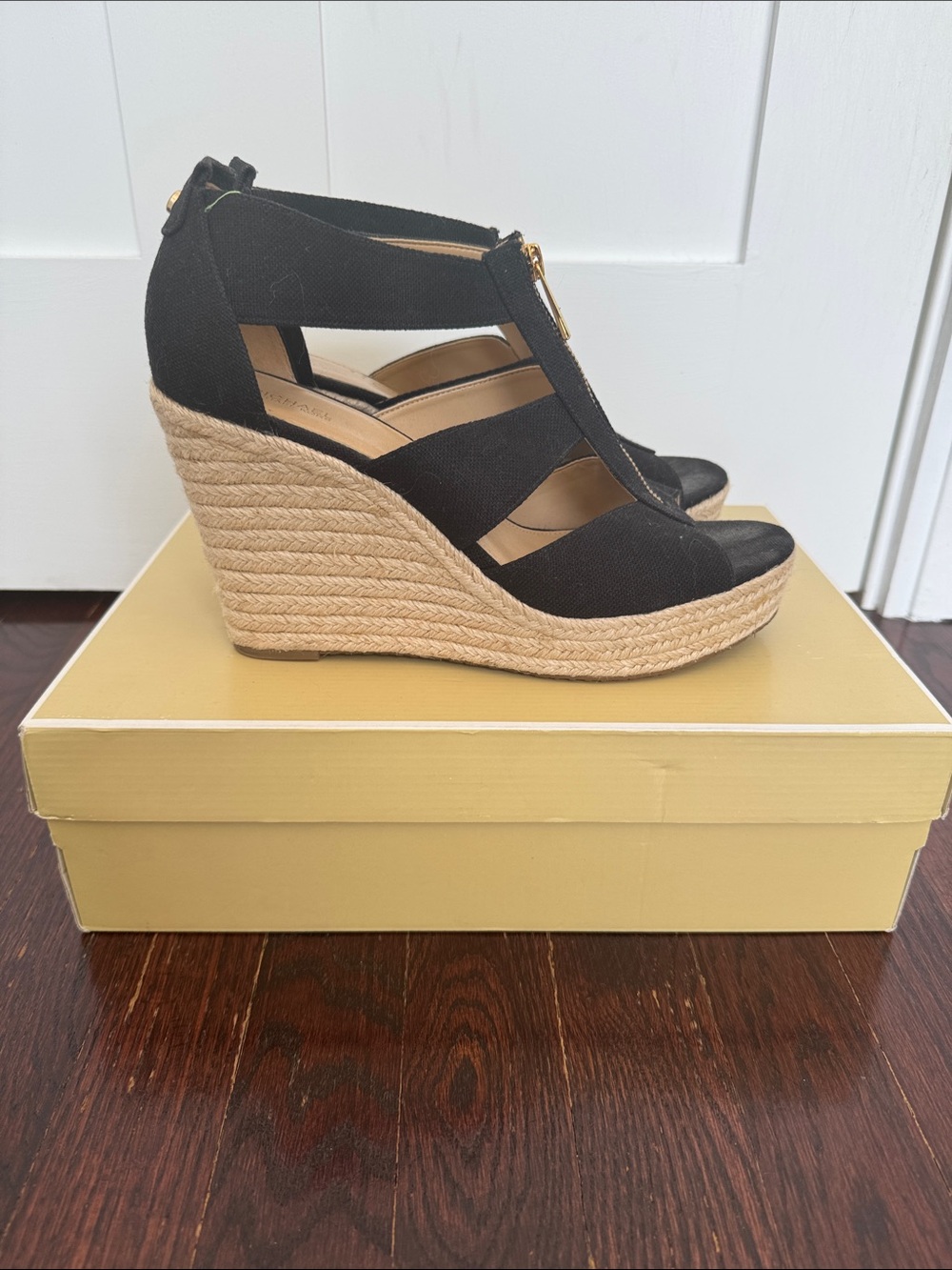 Michael Kors Black Canvas Espadrille Wedge Sandals with Gold Zip Accent